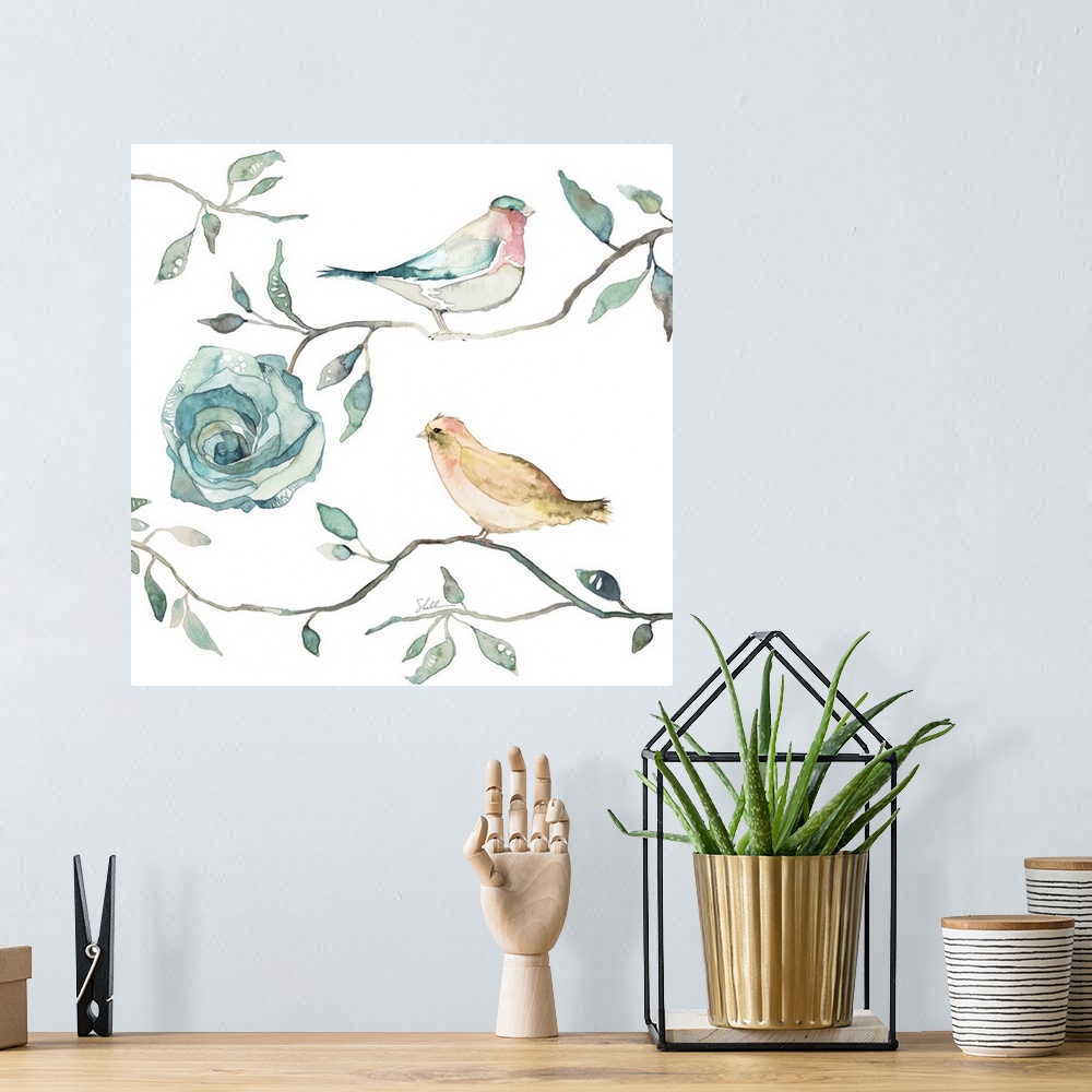 A bohemian room featuring Hand painted watercolor painting of two birds on branches with roses and leaves