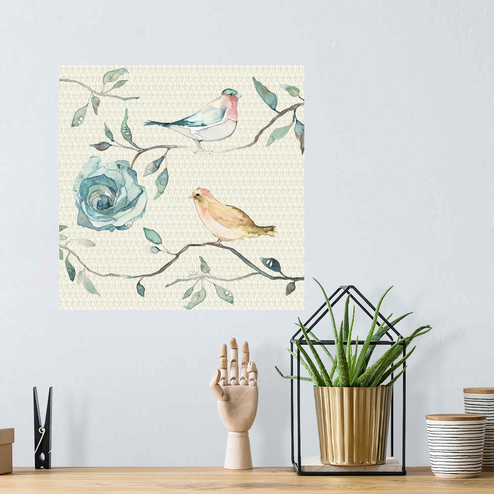 A bohemian room featuring Hand painted watercolor painting of two birds on branches with roses and leaves
