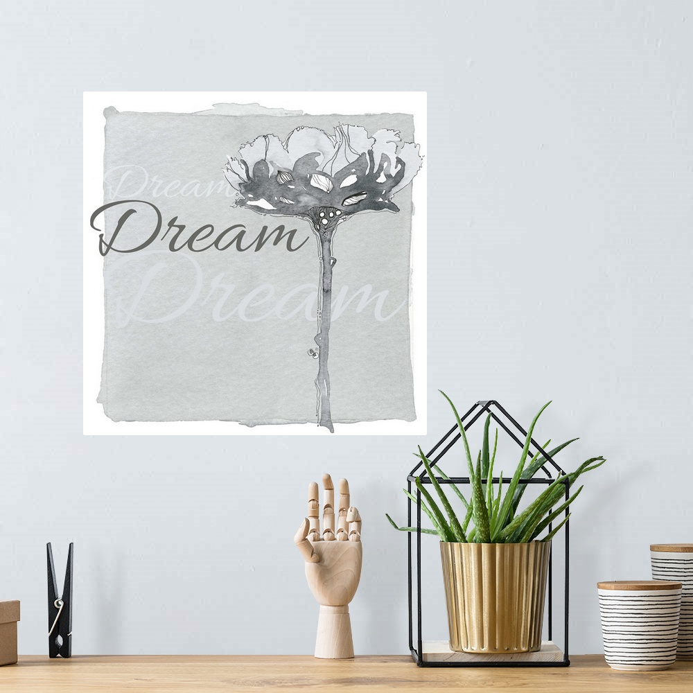A bohemian room featuring Decorative watercolor painting of a grey flower with the word "Dream" repeated in the background.