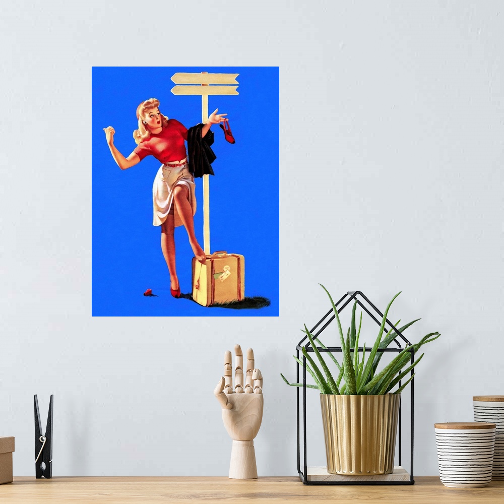 A bohemian room featuring Vintage 50's illustration of a young woman hitchhiking by a signpost.