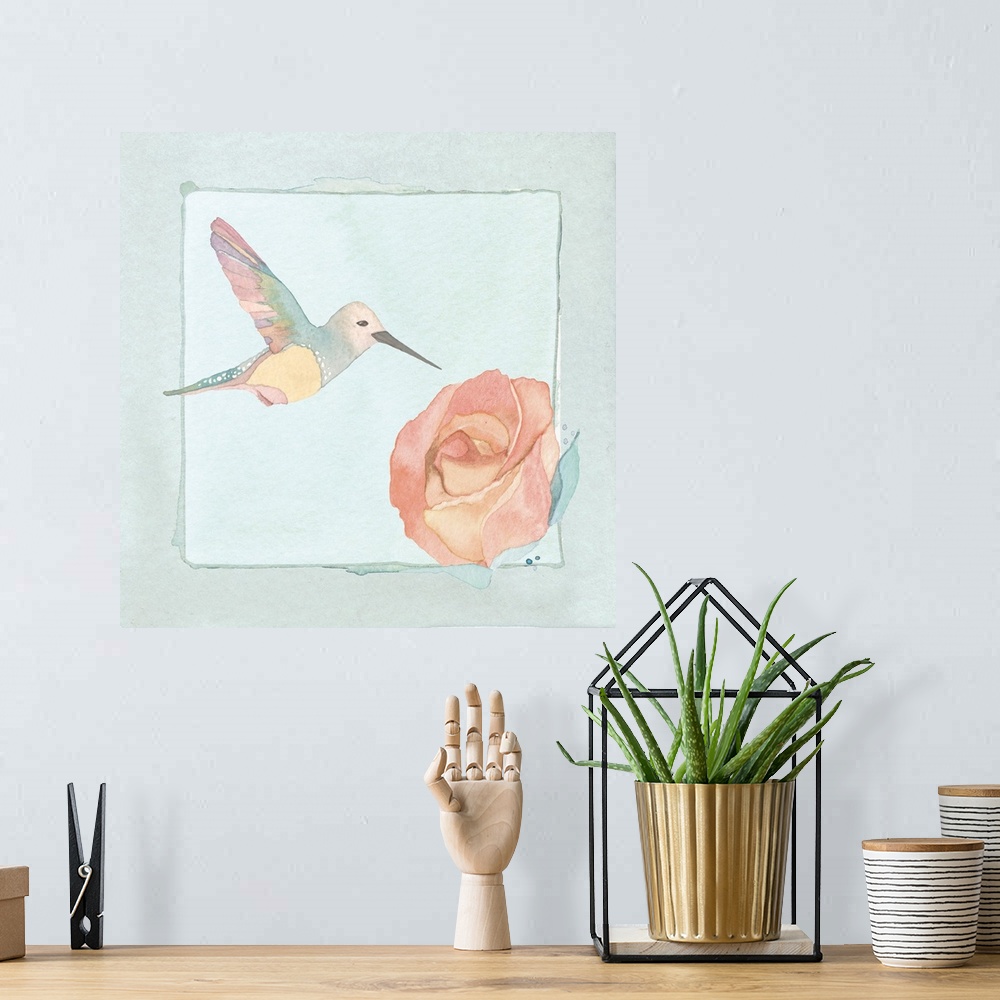 A bohemian room featuring Watercolor painting of a hummingbird feeding at a pink rose.