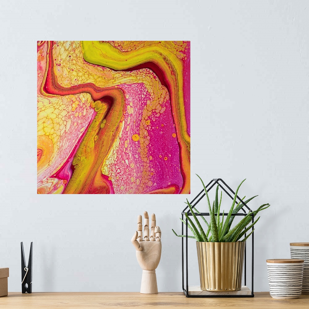 A bohemian room featuring Pink And Yellow Abstract 69