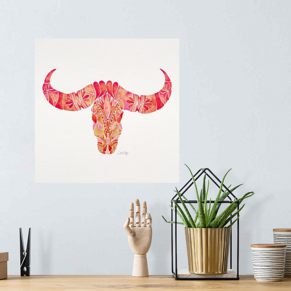 A bohemian room featuring Pink Water Buffalo Skull Square