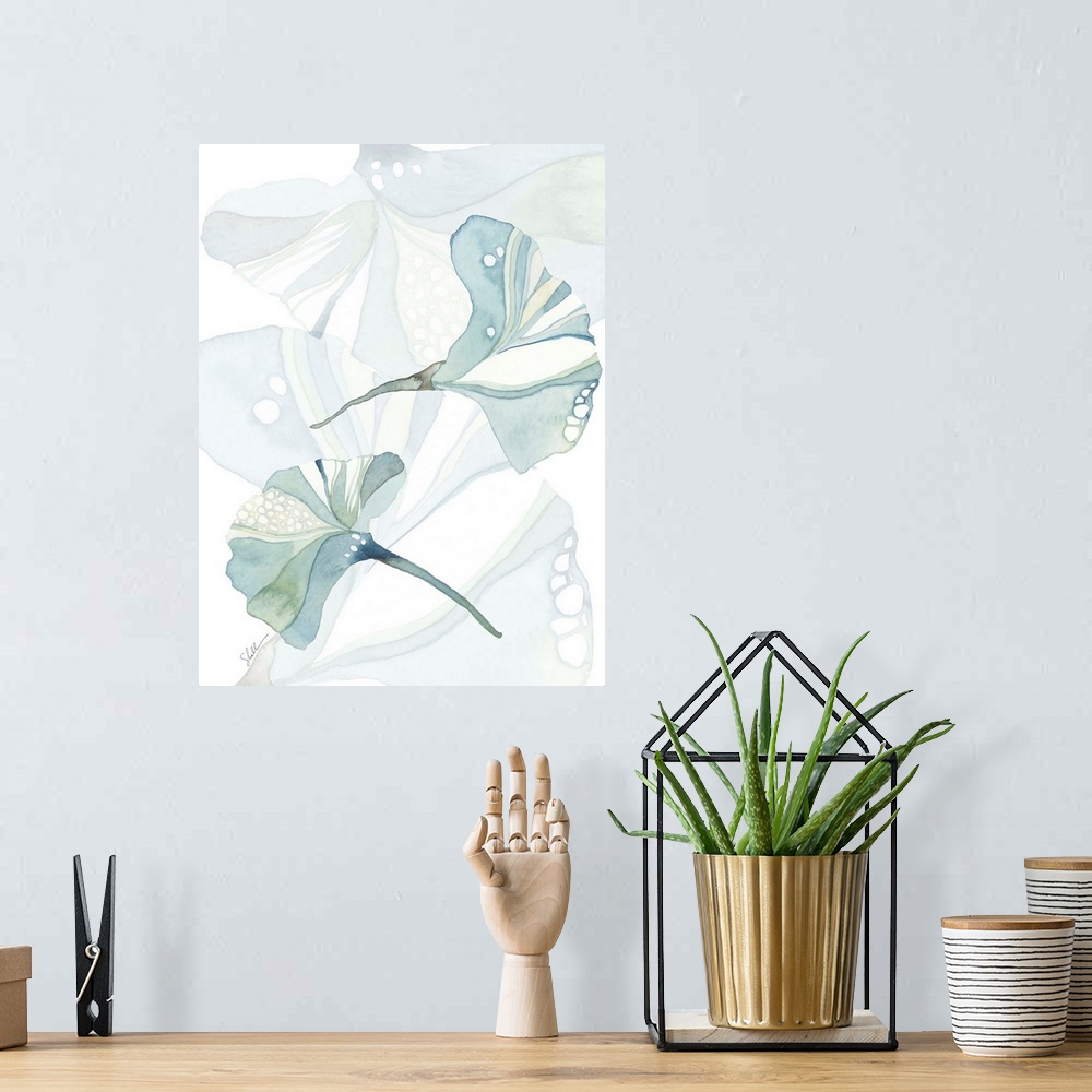 A bohemian room featuring Modern abstract hand painted watercolor of gingko leaves