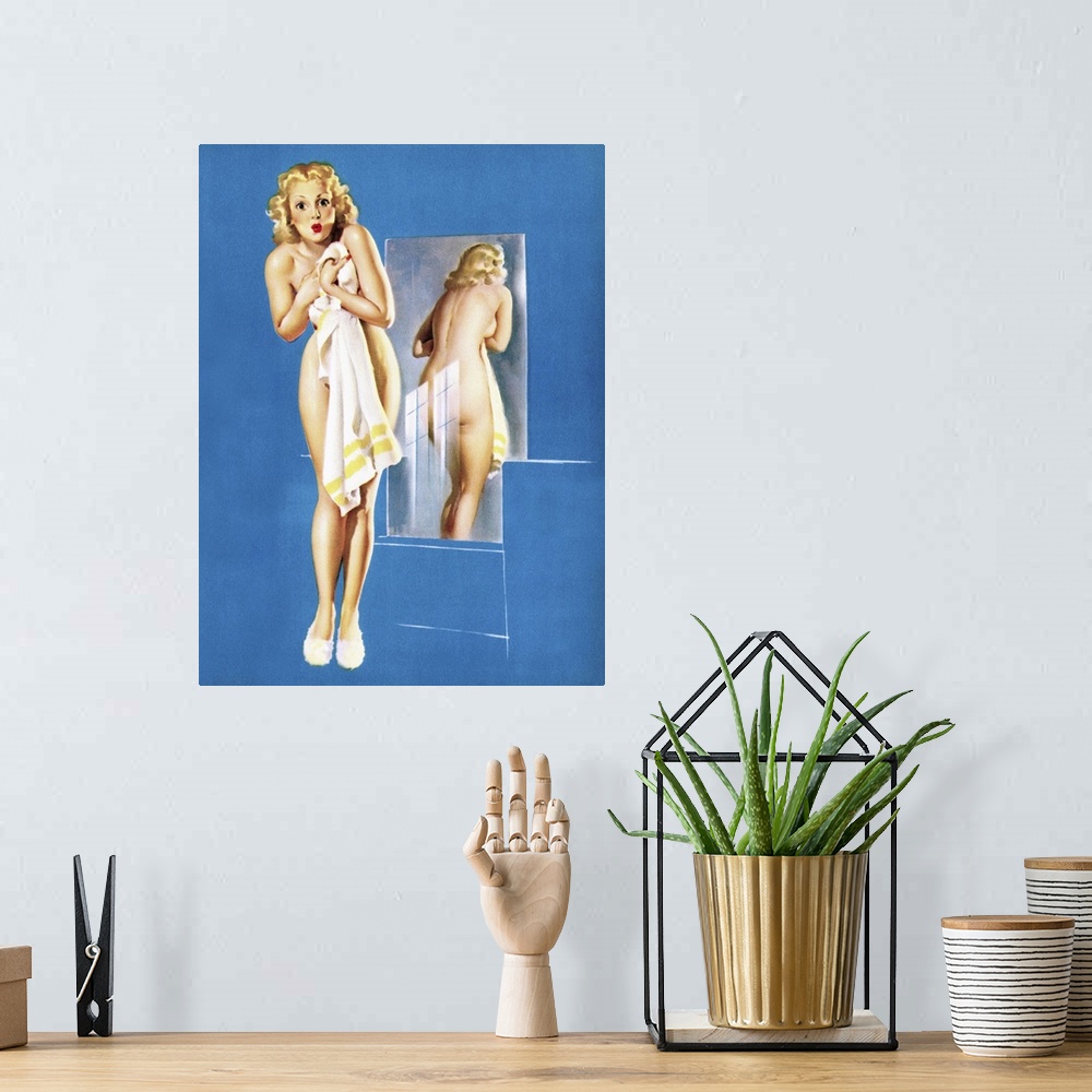 A bohemian room featuring Vintage 50's illustration of a young woman holding up a towel.