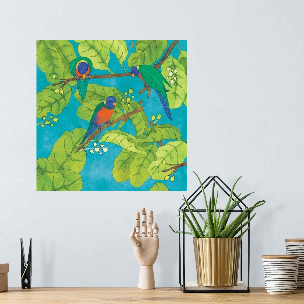 A bohemian room featuring Painting of three lorikeets in branches with large leaves.