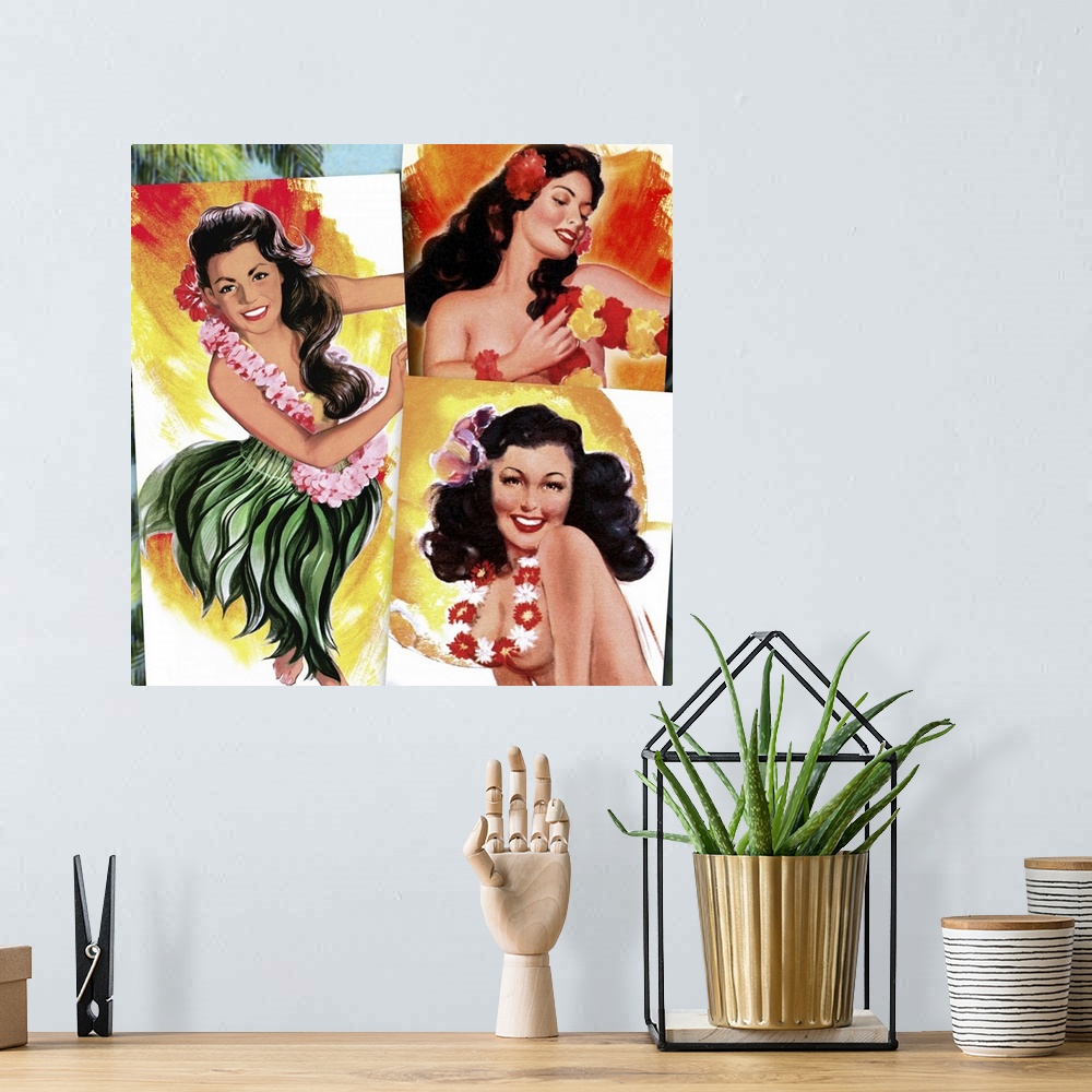 A bohemian room featuring Vintage 50's illustration of three young women wearing leis and grass skirts.