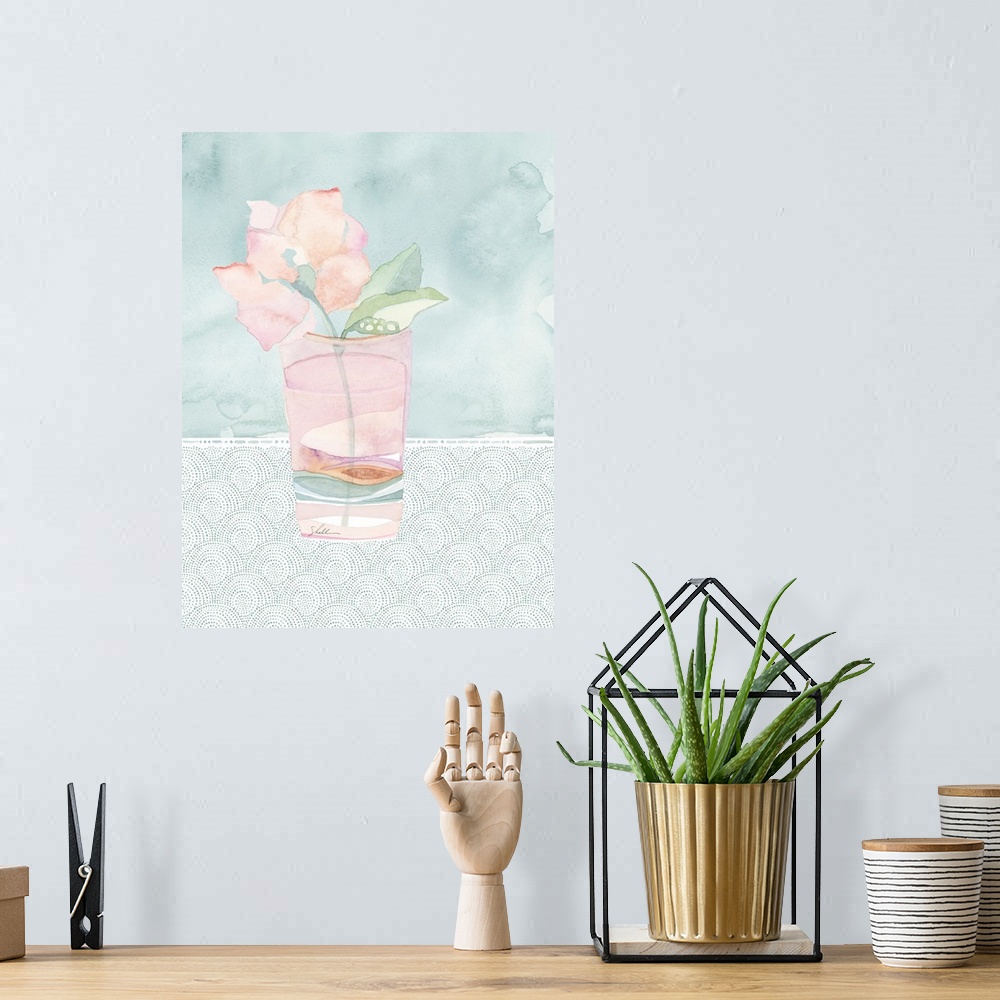 A bohemian room featuring Hand painted watercolor painting of abstracted flowers and leaves in a painted vase