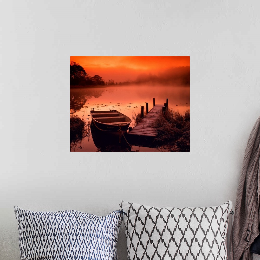 A bohemian room featuring Boat And Jetty At Sunrise With Swan, Elterwater, Lake District National Park, Cumbria, England