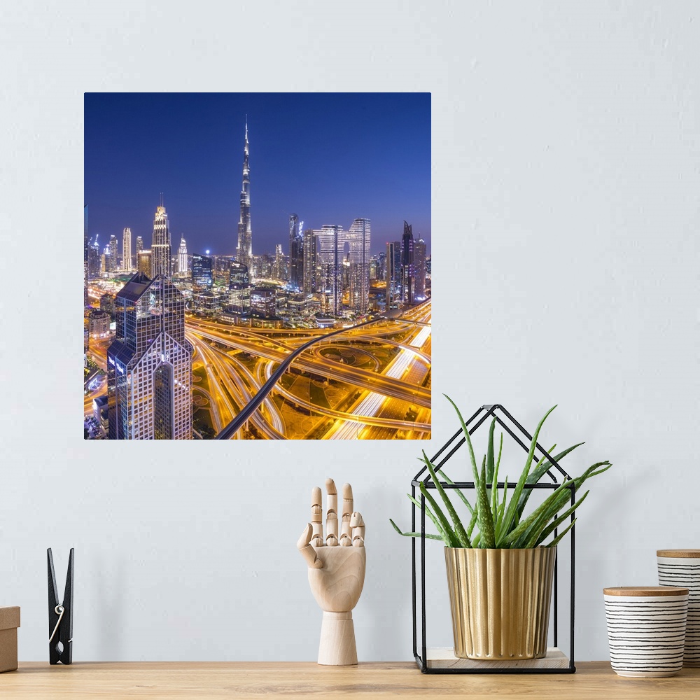 A bohemian room featuring Burj Khalifa and Sheikh Zayad Road, Downtown, Dubai, United Arab Emirates.