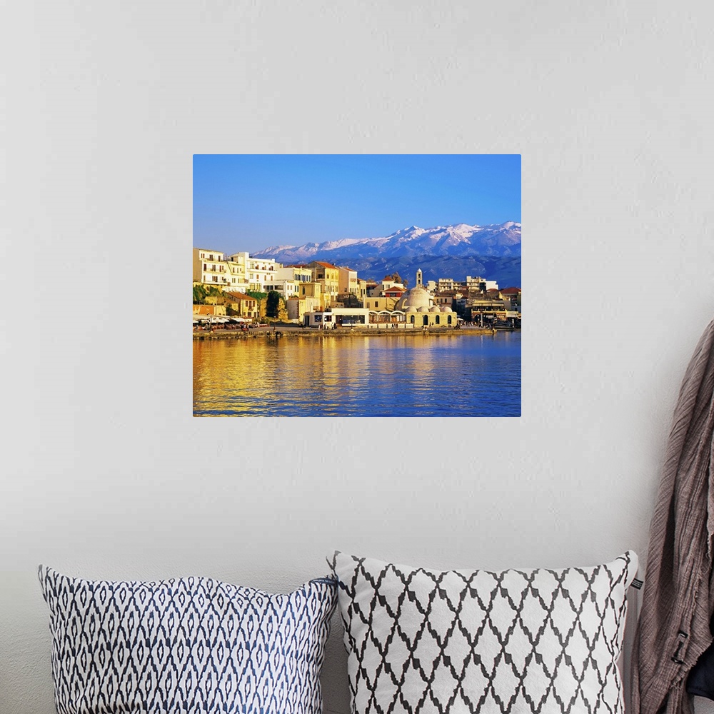 A bohemian room featuring Chania waterfront and mountains in background, Chania, Crete, Greece, Europe