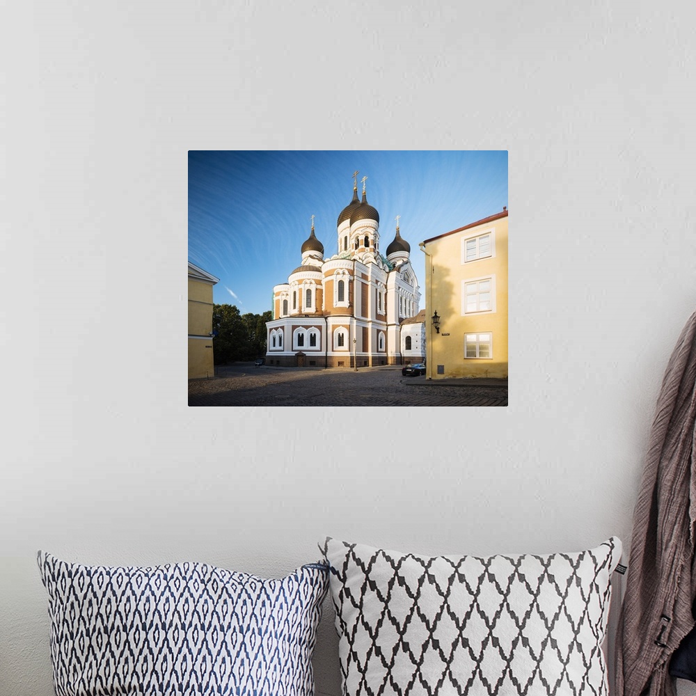 A bohemian room featuring Exterior of Russian Orthodox Alexander Nevsky Cathedral at dawn, Toompea, Old Town, Tallinn, Esto...