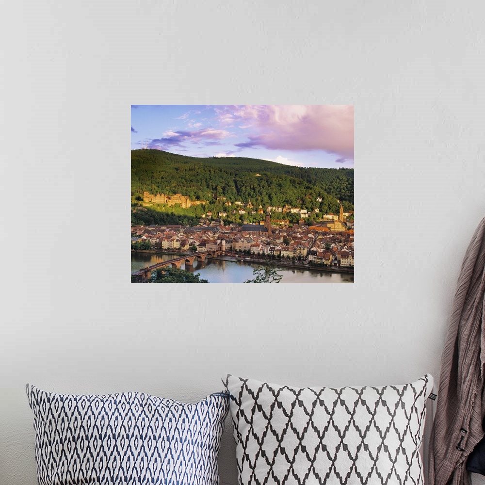 A bohemian room featuring Germany, Bavaria, Heidelberg; Overview of Alte Brucke and the River Neckar