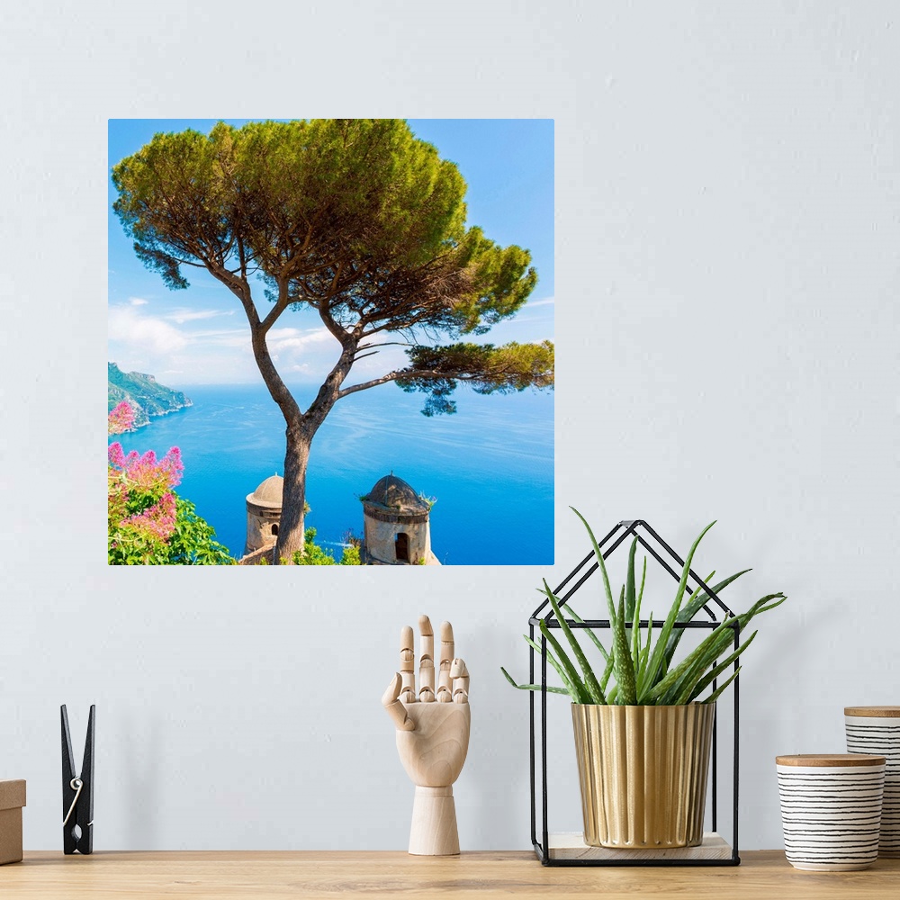 A bohemian room featuring Ravello, Amalfi Coast, Sorrento, Italy. View of the coastline from Villa Rufolo