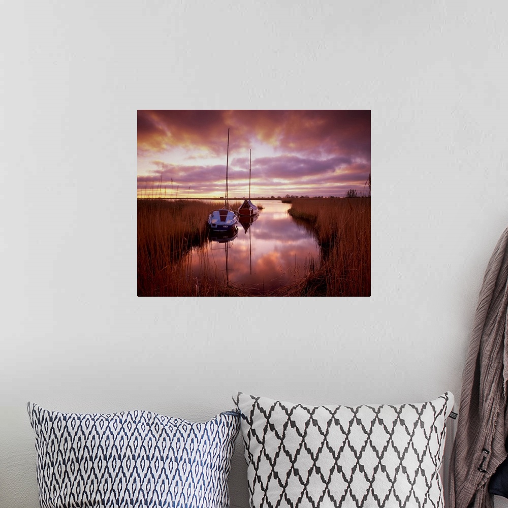 A bohemian room featuring Sailboats at Sunset, Horsey Mere, Norfolk Broads National Park, Norfolk, England