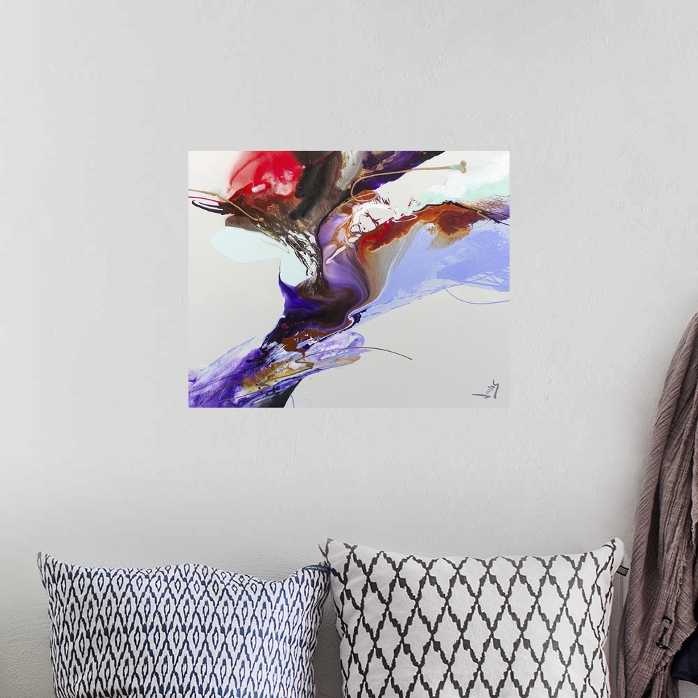 A bohemian room featuring A contemporary abstract painting using purple and red tones in motion of fluidity against a light...