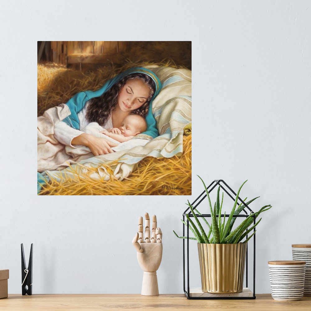 A bohemian room featuring Mary and baby Jesus.