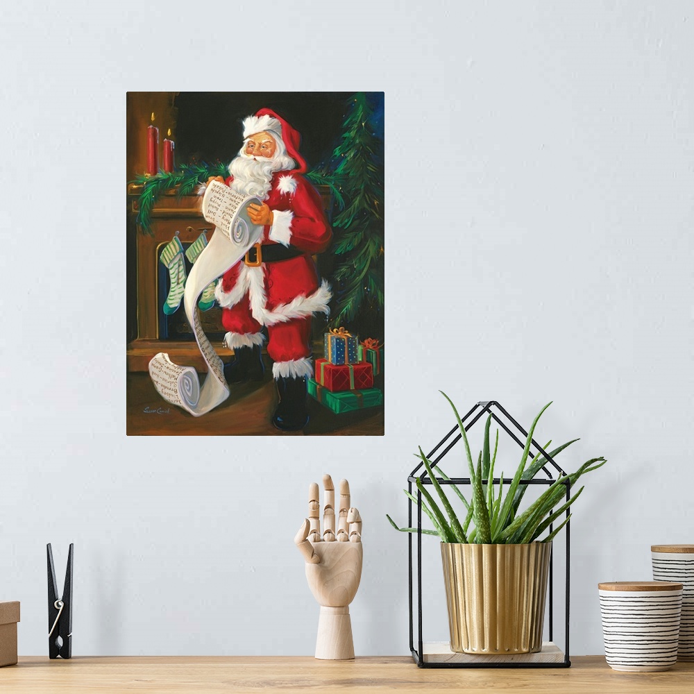 A bohemian room featuring Painting of Santa reading a very long list.