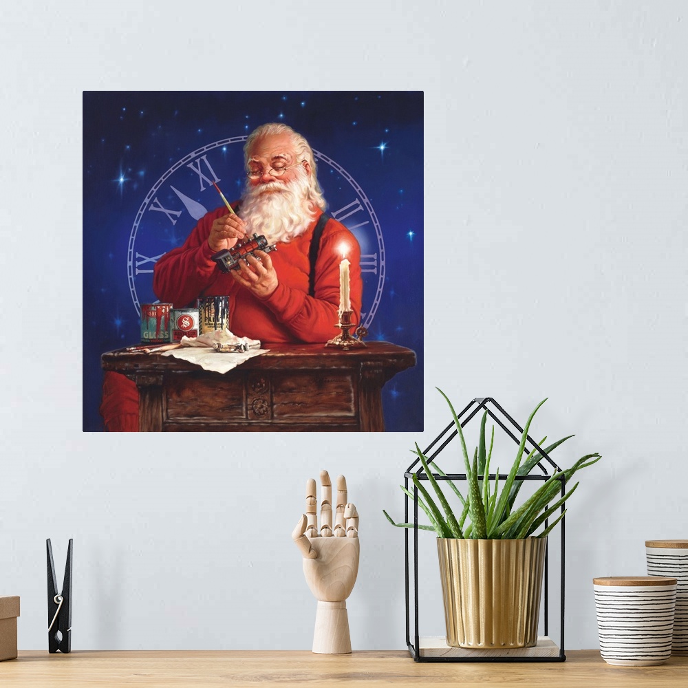 A bohemian room featuring Portrait of Santa working on a toy train with a clock in the background.