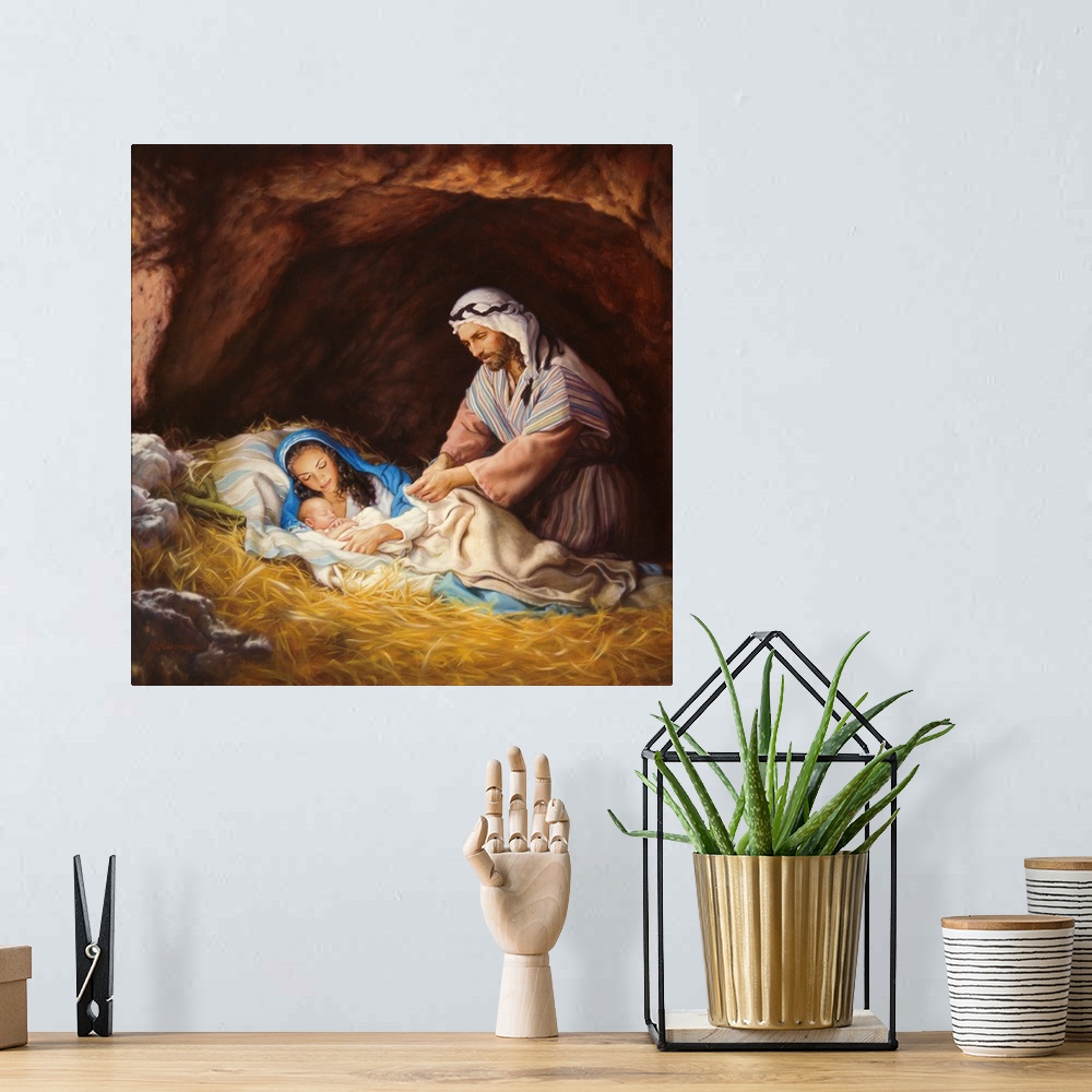 A bohemian room featuring Nativity with Mary, Joseph and Jesus.