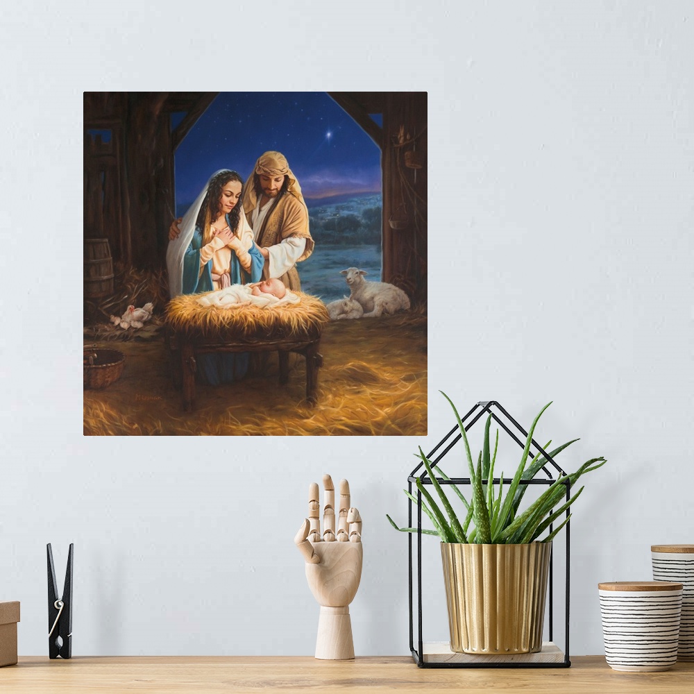 A bohemian room featuring Nativity featuring Mary, Joseph and Christ child.