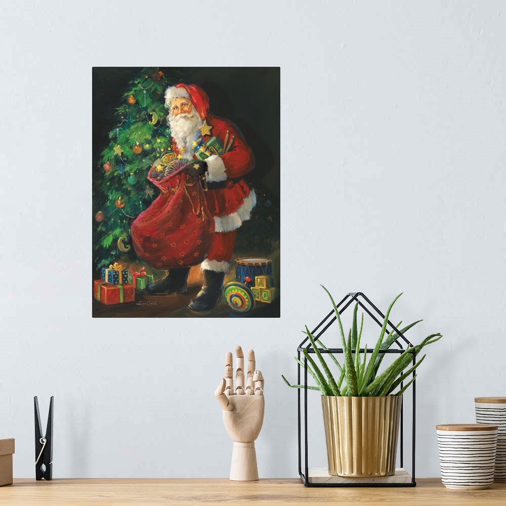 A bohemian room featuring Painting of Santa putting toys under a Christmas tree.