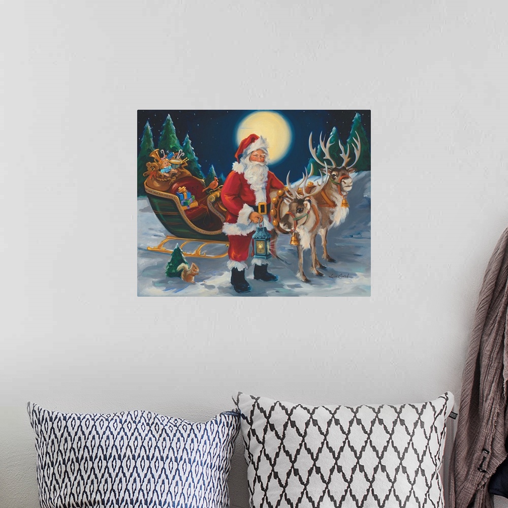A bohemian room featuring Painting of Santa Claus holding a lantern and standing by his sleigh with reindeer.