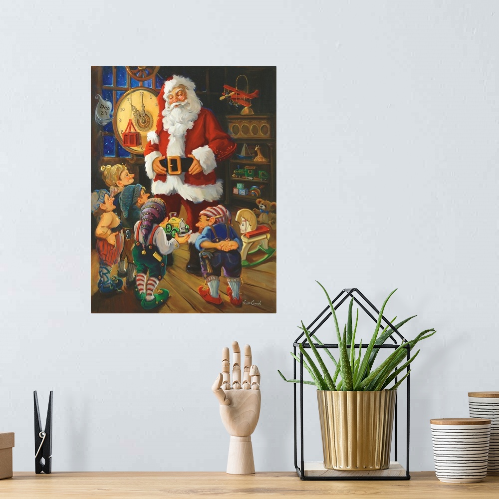 A bohemian room featuring Painting of Santa Claus talking to his elves in the toy workshop.