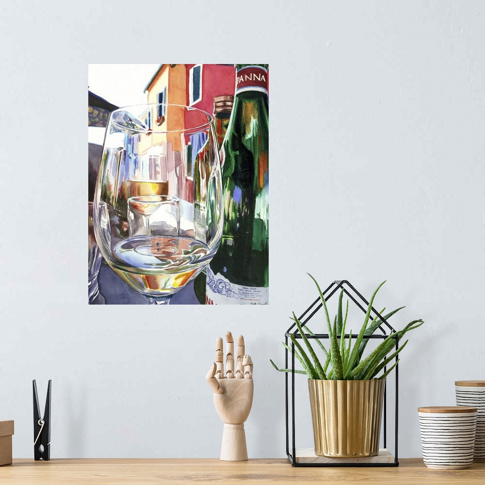 A bohemian room featuring Watercolor painting of a wine glass in which you can see more glasses though it against a colorfu...