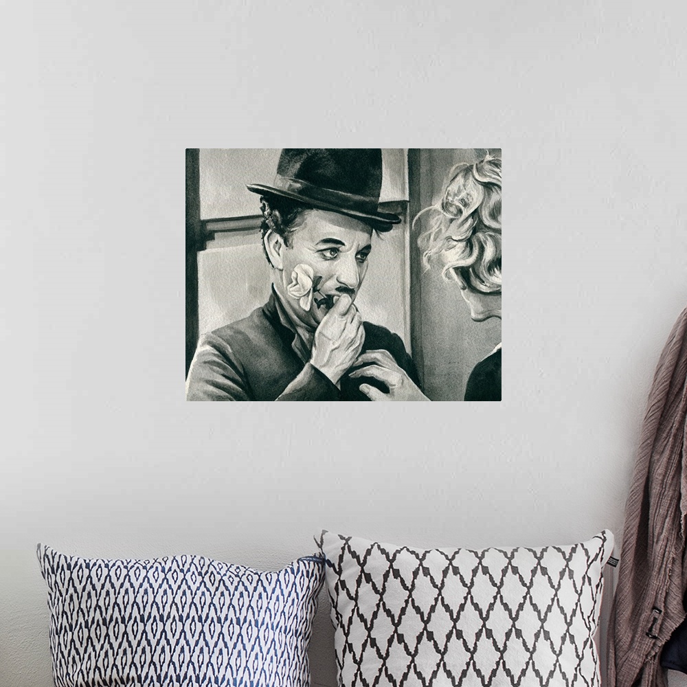 A bohemian room featuring A monochromatic watercolor of Charlie Chaplin.