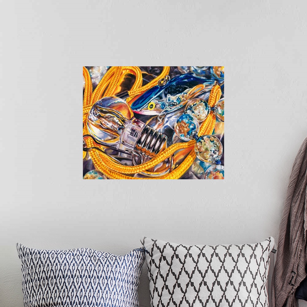 A bohemian room featuring Watercolor painting of a silver fishing lure interacting with a lightbulb necklace.