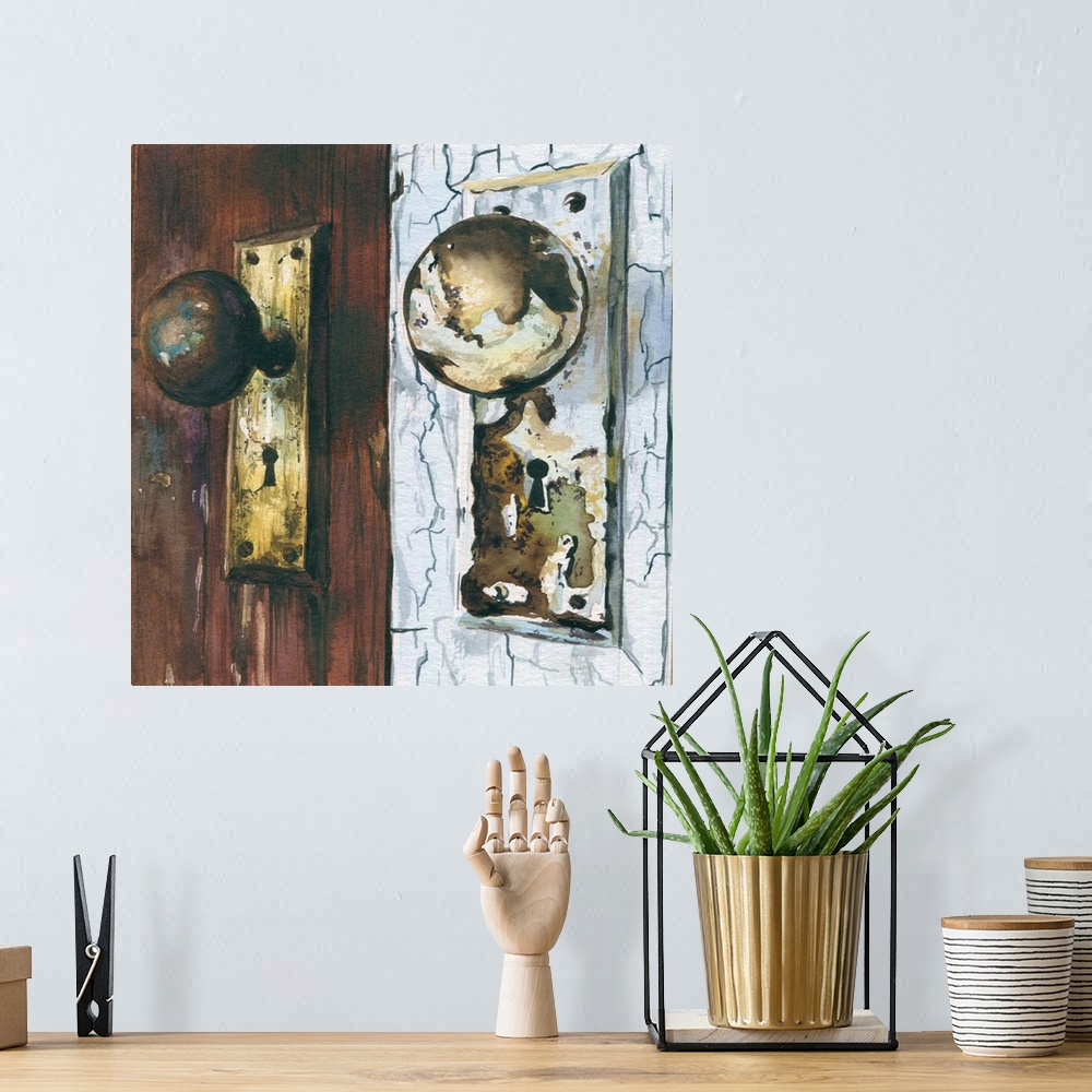A bohemian room featuring A square watercolor painting of weathered doorknobs.