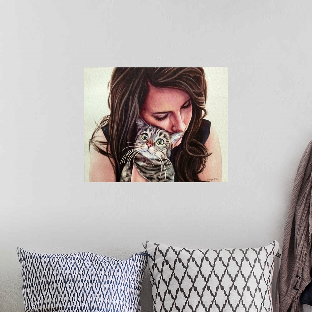 A bohemian room featuring Contemporary watercolor painting of a woman hugging her cat.