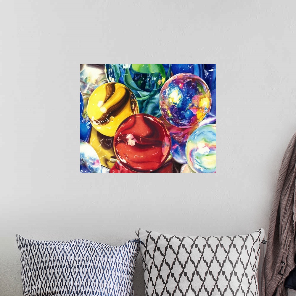 A bohemian room featuring Watercolor painting of colored marbles.