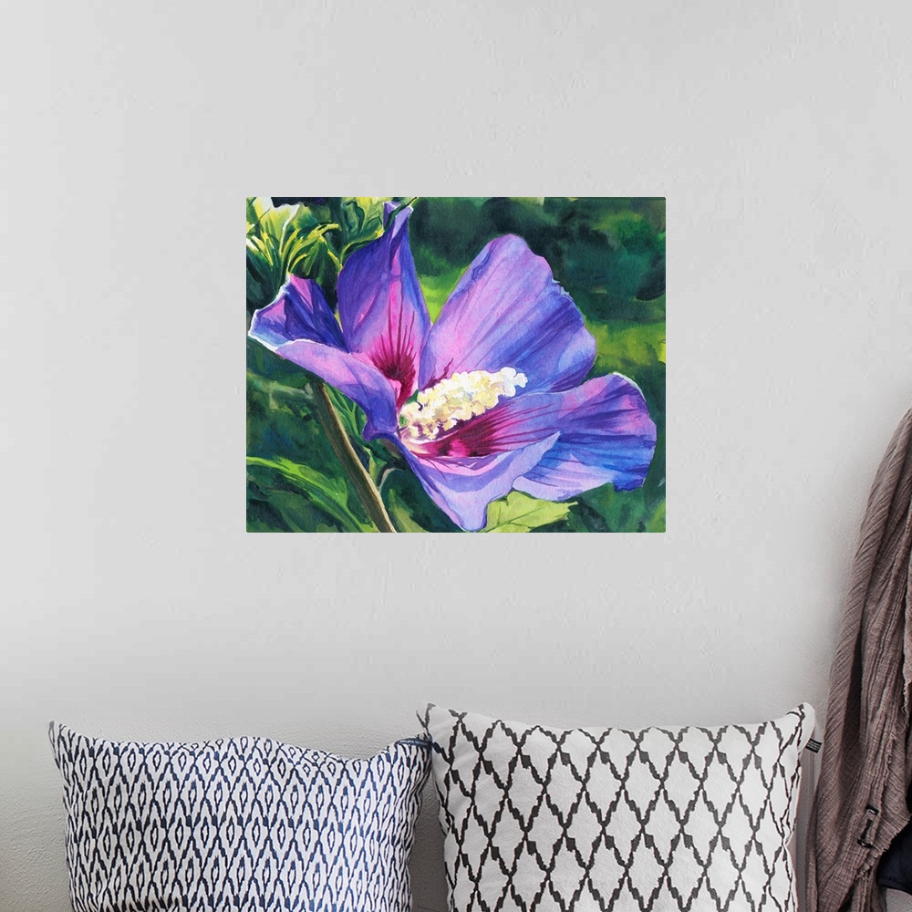 A bohemian room featuring Horizontal watercolor painting of a Rose of Sharon.