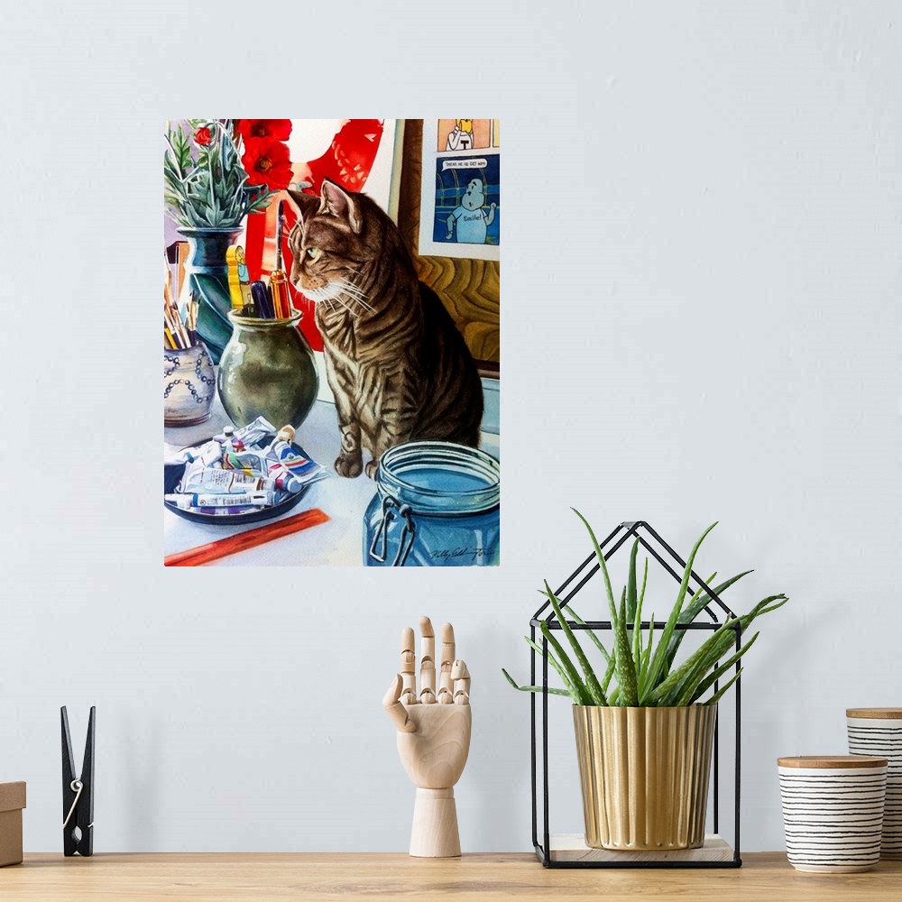 A bohemian room featuring A vertical watercolor painting of a cat sitting on a table in an artist studio.