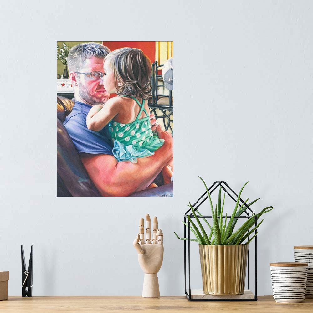 A bohemian room featuring A vertical watercolor painting of a father holding is daughter.