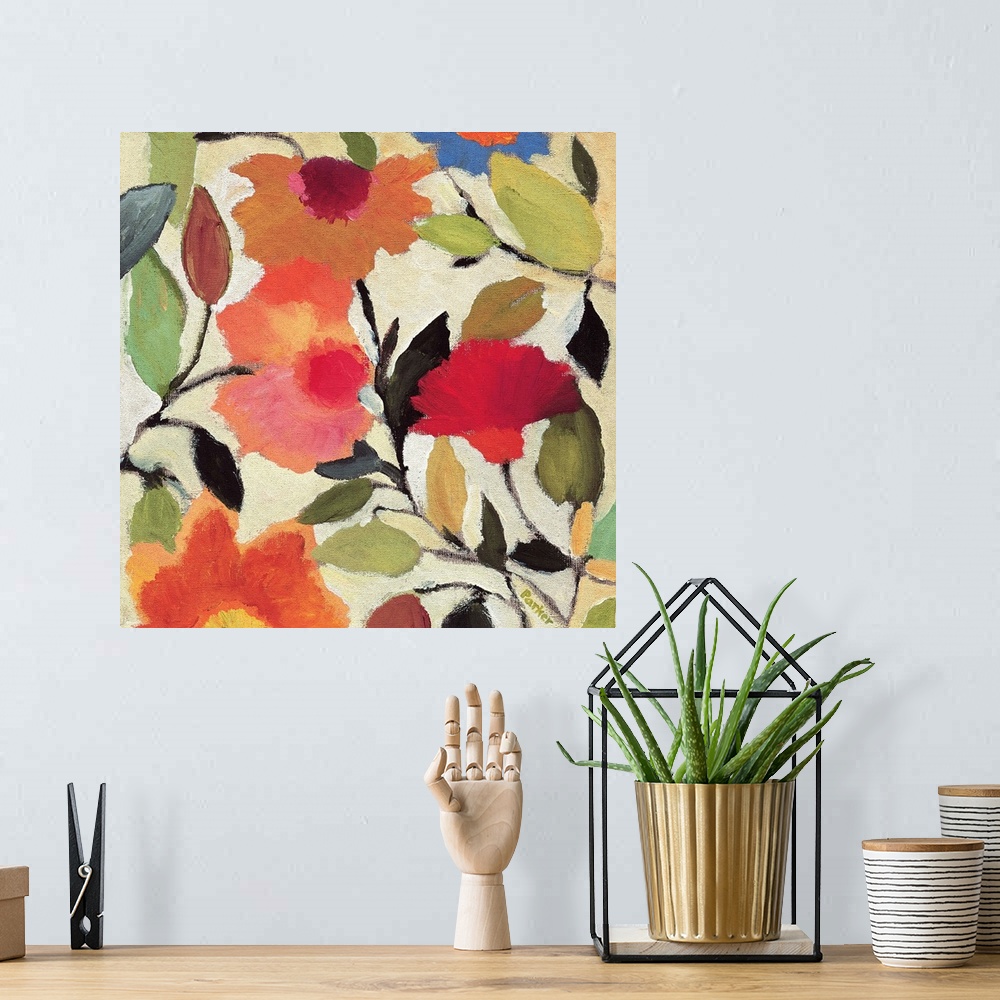 A bohemian room featuring A painting of begonias against a pale background in a soft style.