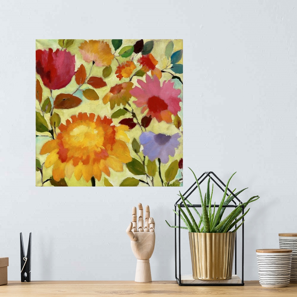A bohemian room featuring A series of flowers and leaves in warm colors and a soft style against a pale yellow background.