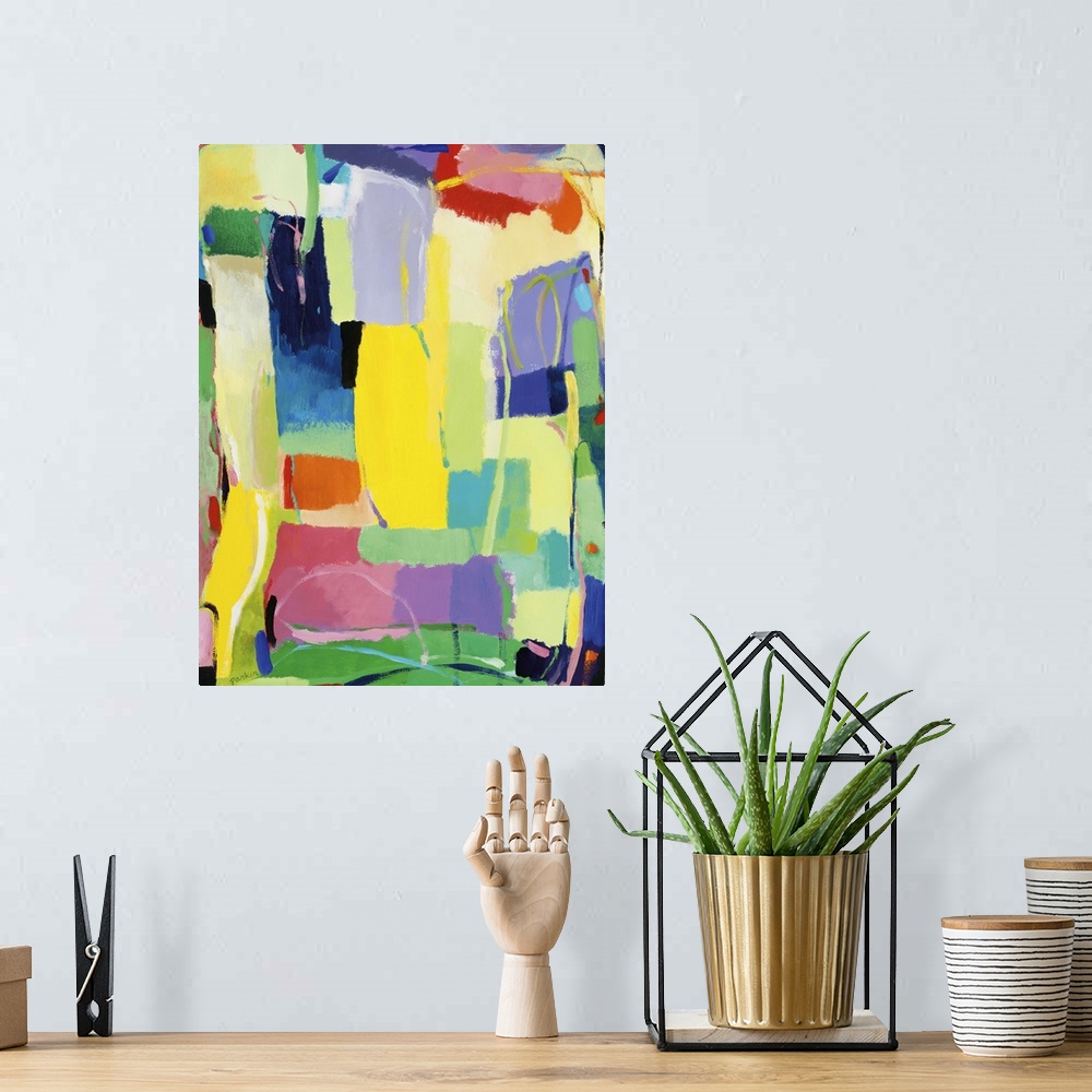 A bohemian room featuring Abstract painting of soft, rounded rectangular shapes in bright, spring-like colors
