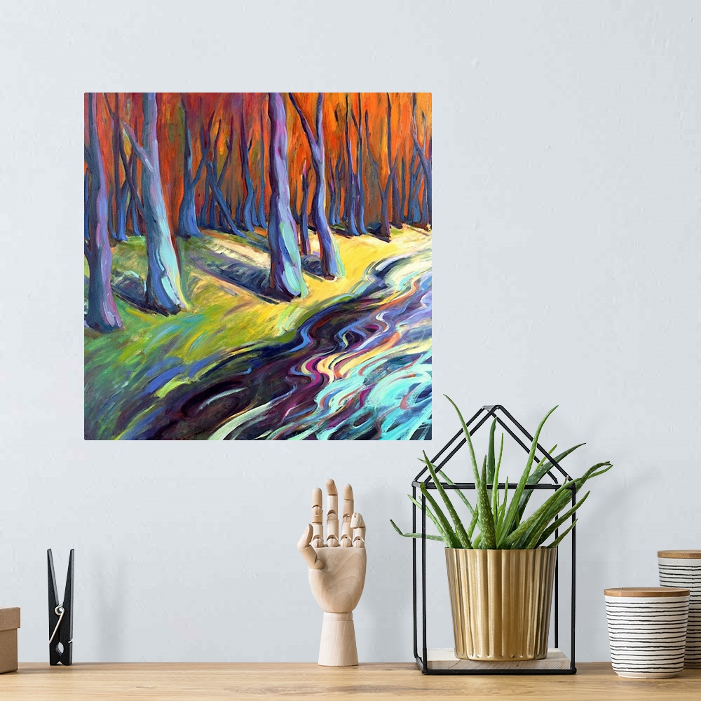 A bohemian room featuring A contemporary abstract painting of a river in a forest painted with colorful brush strokes.