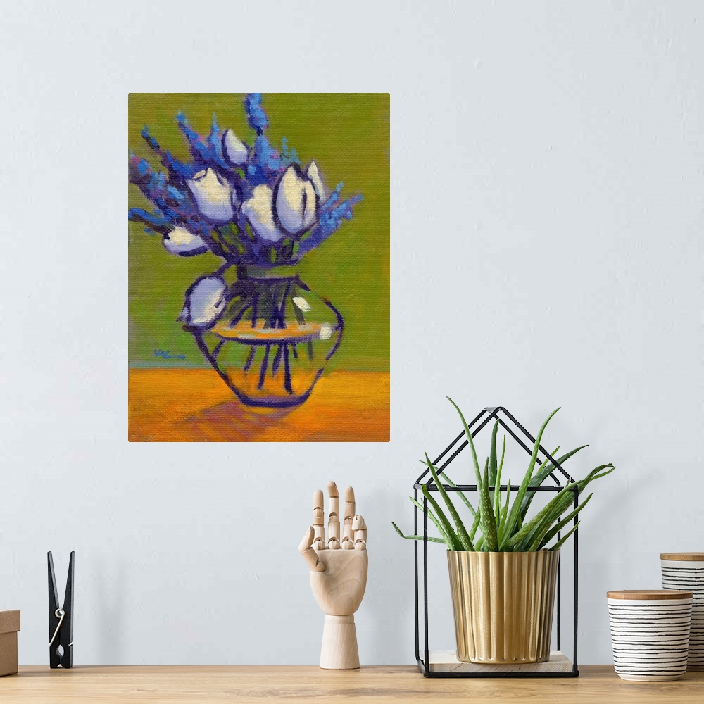 A bohemian room featuring A vertical contemporary painting of a glass vase of eloquent flowers.