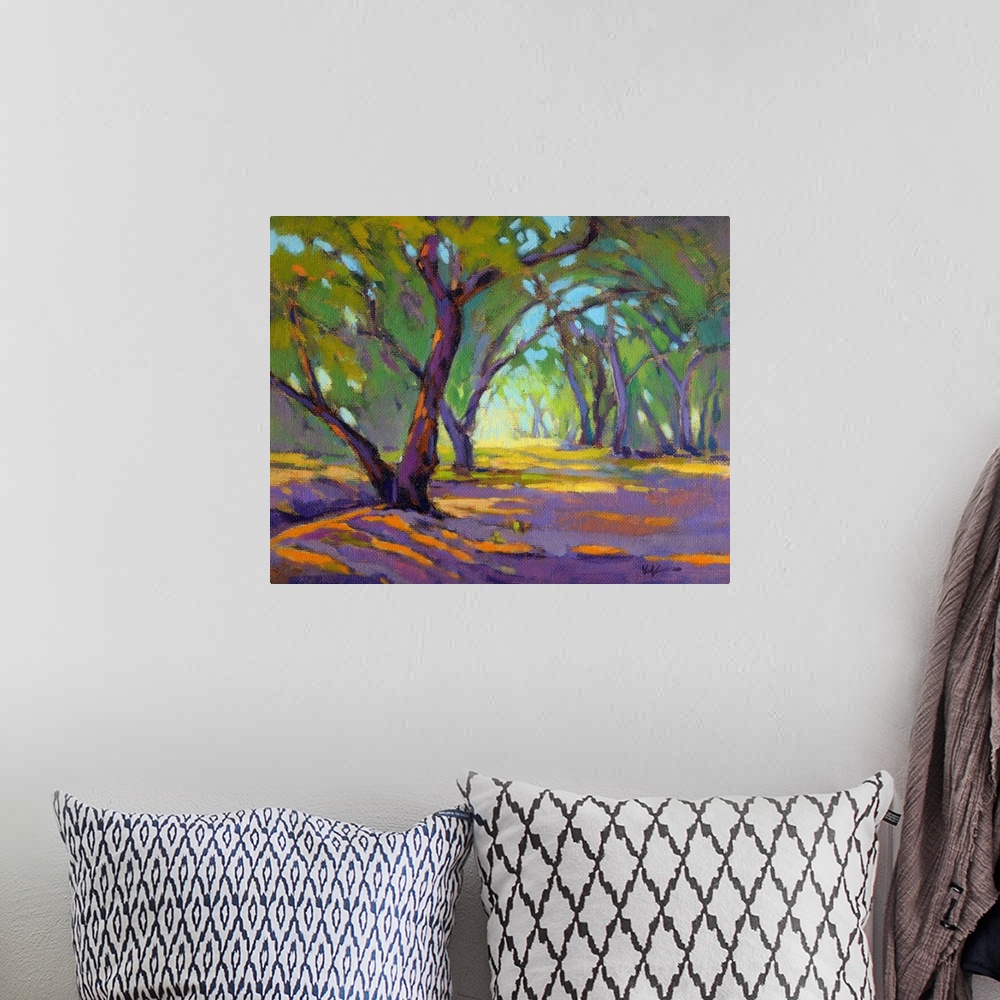 A bohemian room featuring Contemporary landscape with curved trees in a forest setting made with purple, orange, yellow, an...