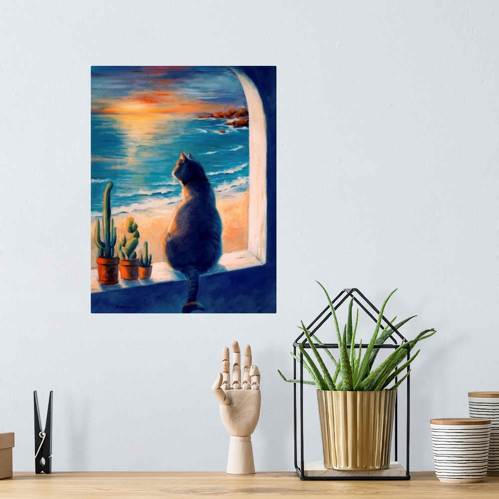 A bohemian room featuring A contemporary painting of a cat sitting on a window sill, looking out at the ocean waves during ...