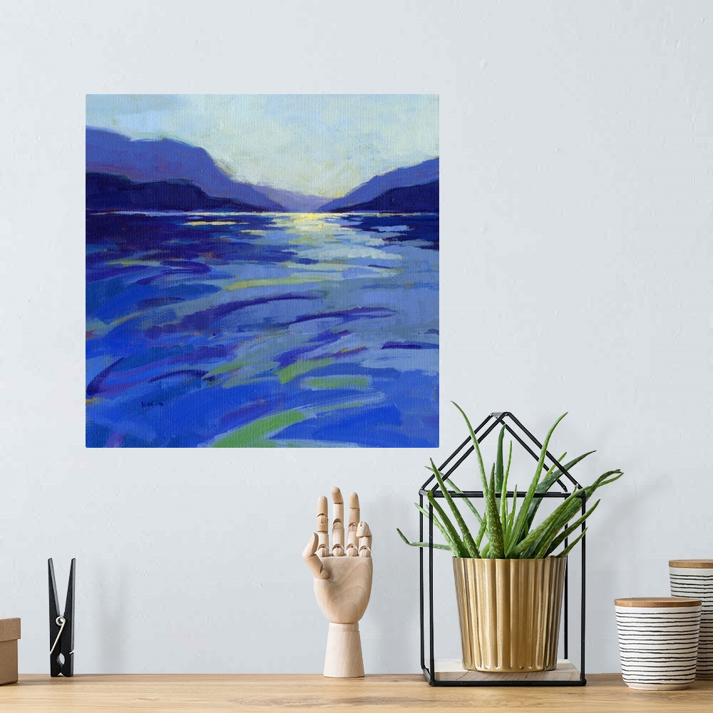 A bohemian room featuring A square contemporary painting in colorful brush strokes of waves in the water.
