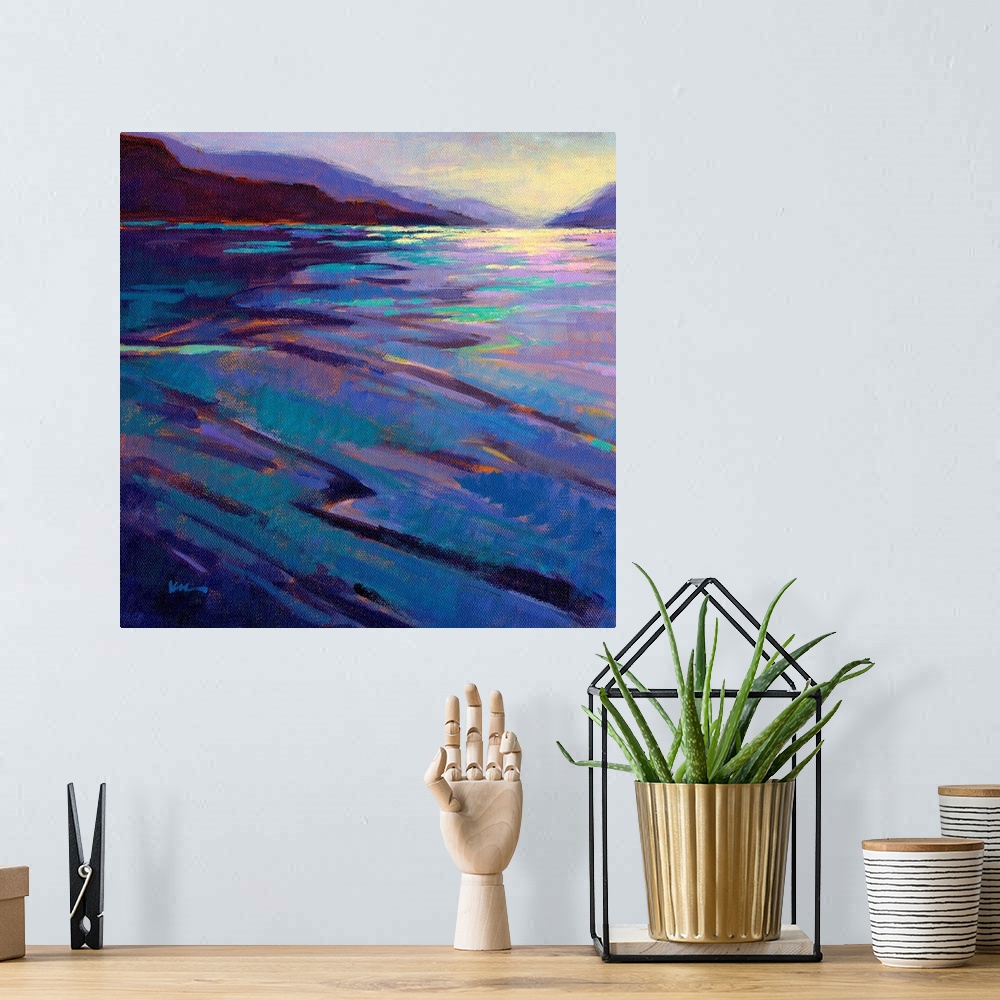 A bohemian room featuring A square contemporary painting in colorful brush strokes of waves in the water by moonlight.