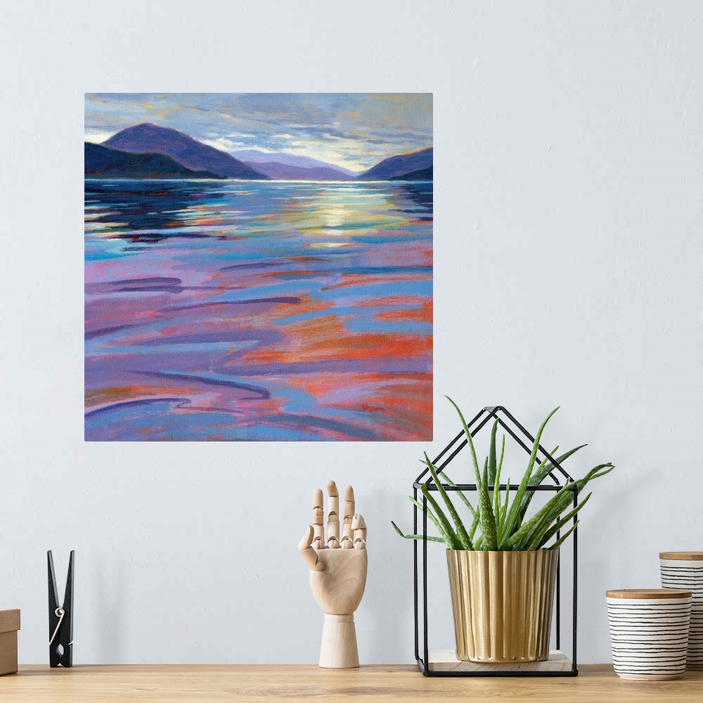A bohemian room featuring A square contemporary painting in colorful brush strokes of waves in the water by sunrise.