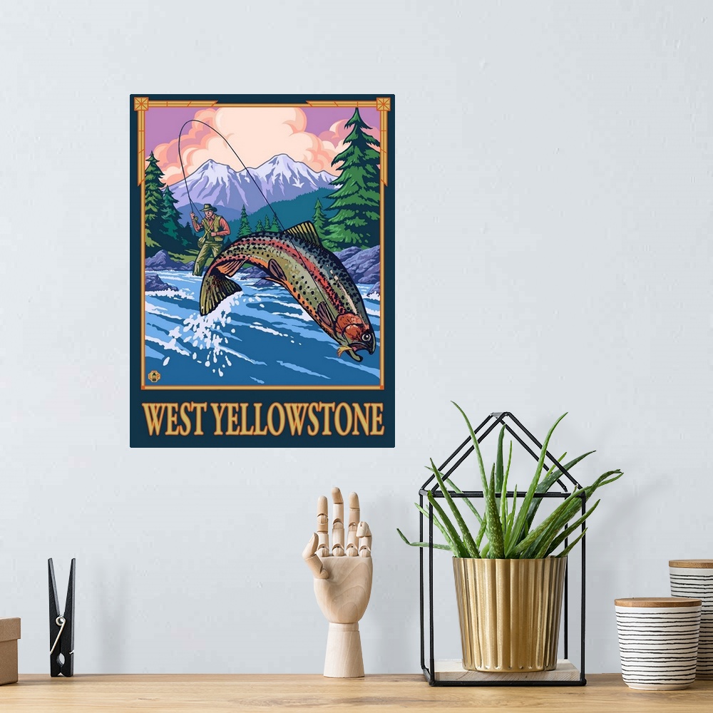 A bohemian room featuring Fly Fishing Scene - West Yellowstone: Retro Travel Poster