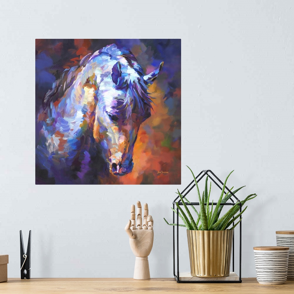 A bohemian room featuring Contemporary painting of a vibrant and colorful horse portrait .