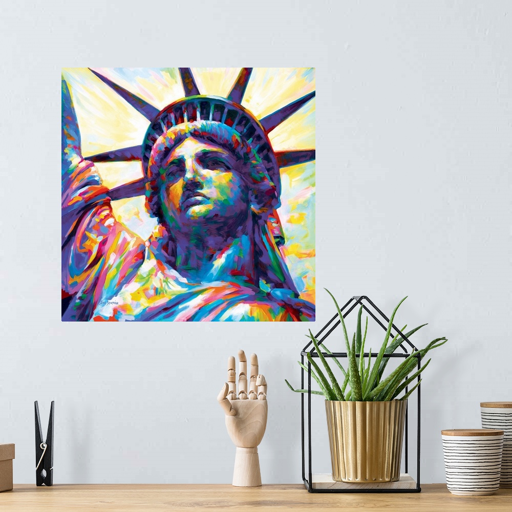 A bohemian room featuring Vibrant and colorful close-up portrait painting of the Statue of Liberty in New York City.